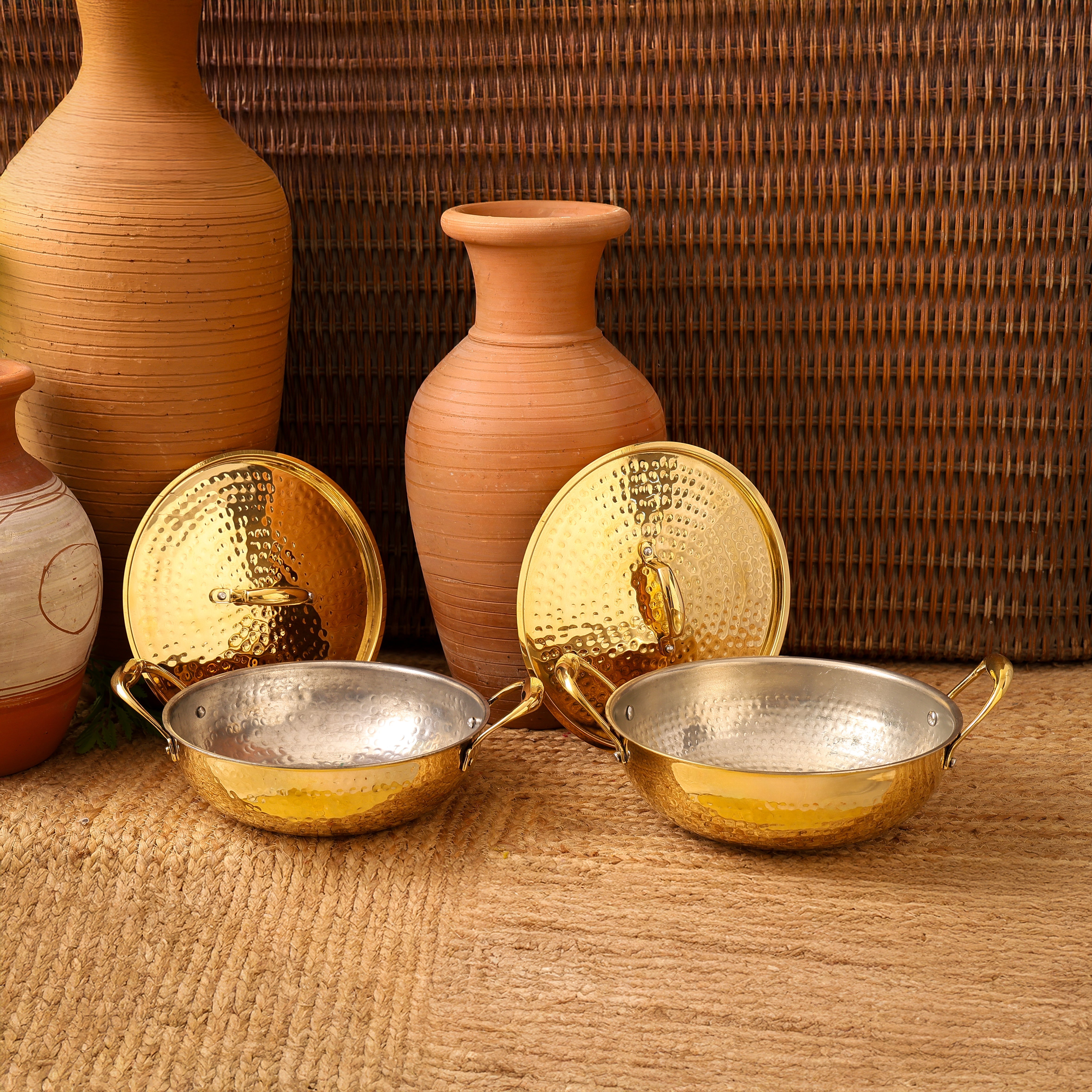 Flat Base Brass Kadhai with Brass Lid | Naturally non stick | Non Toxic | Hammered Texture