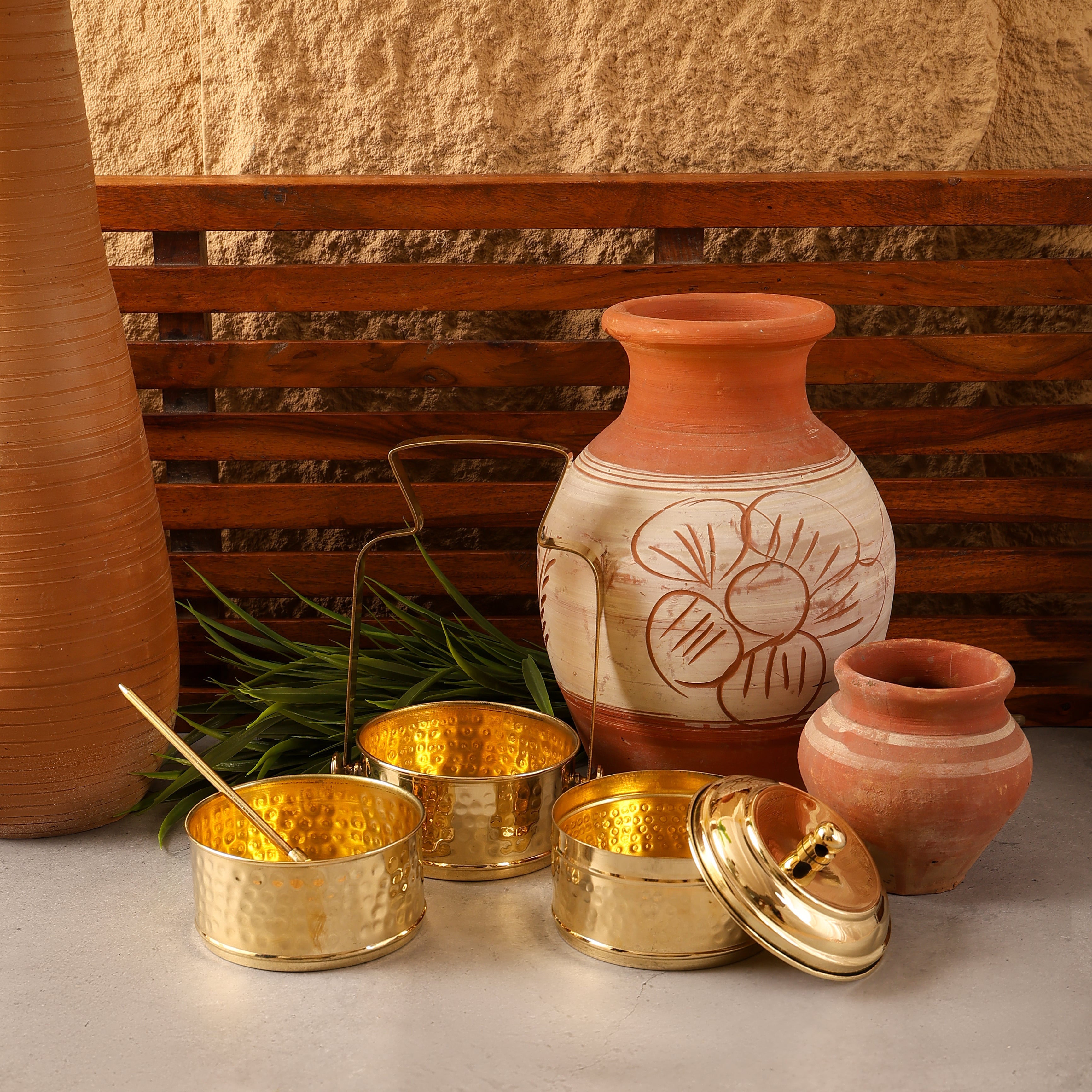 Brass Tiffin Box with 3 Compartments & Spoon | Toxin-Free | Sustainable & Handcrafted