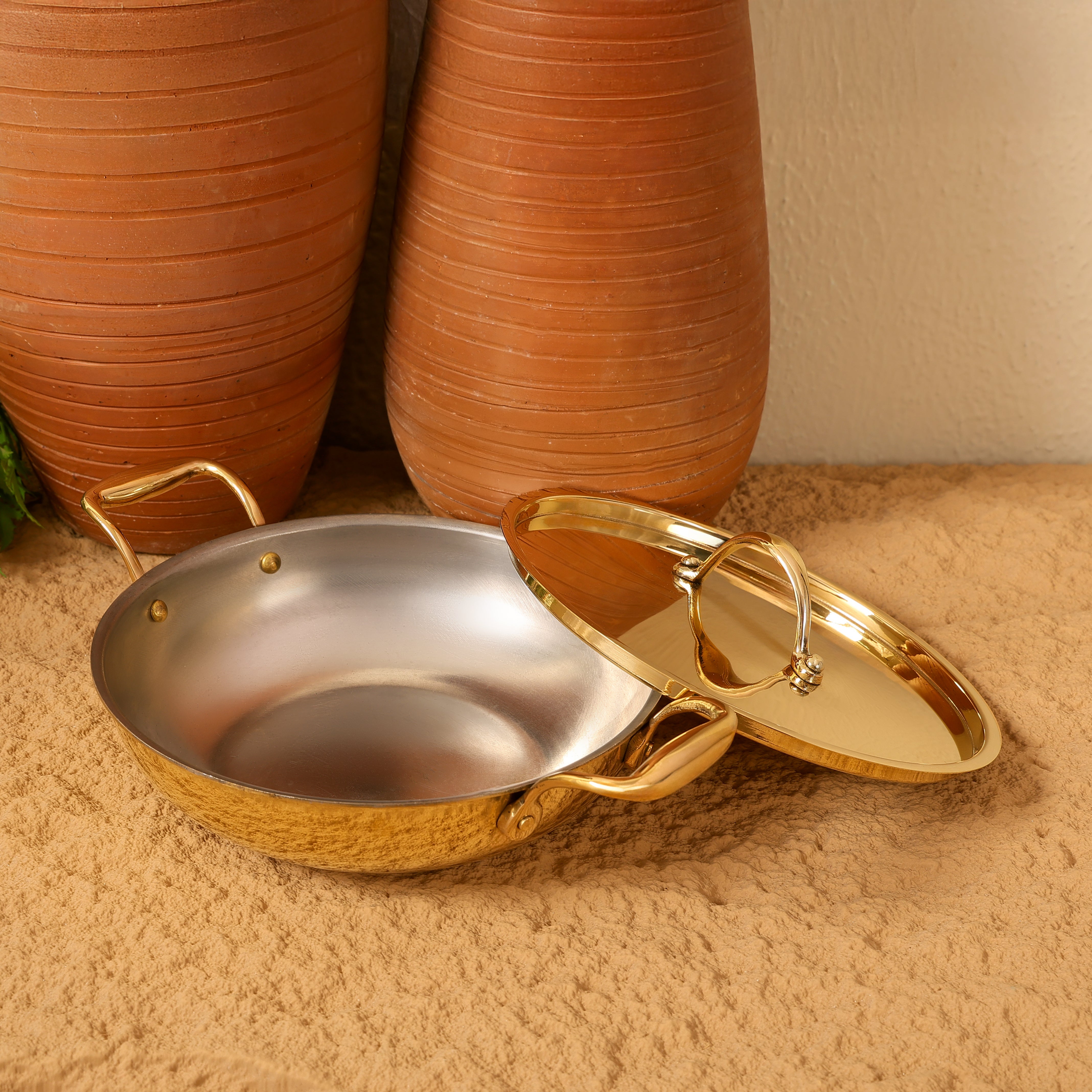 Flat Base Brass Kadhai with Brass Lid | Naturally non stick | Non Toxic | Plain