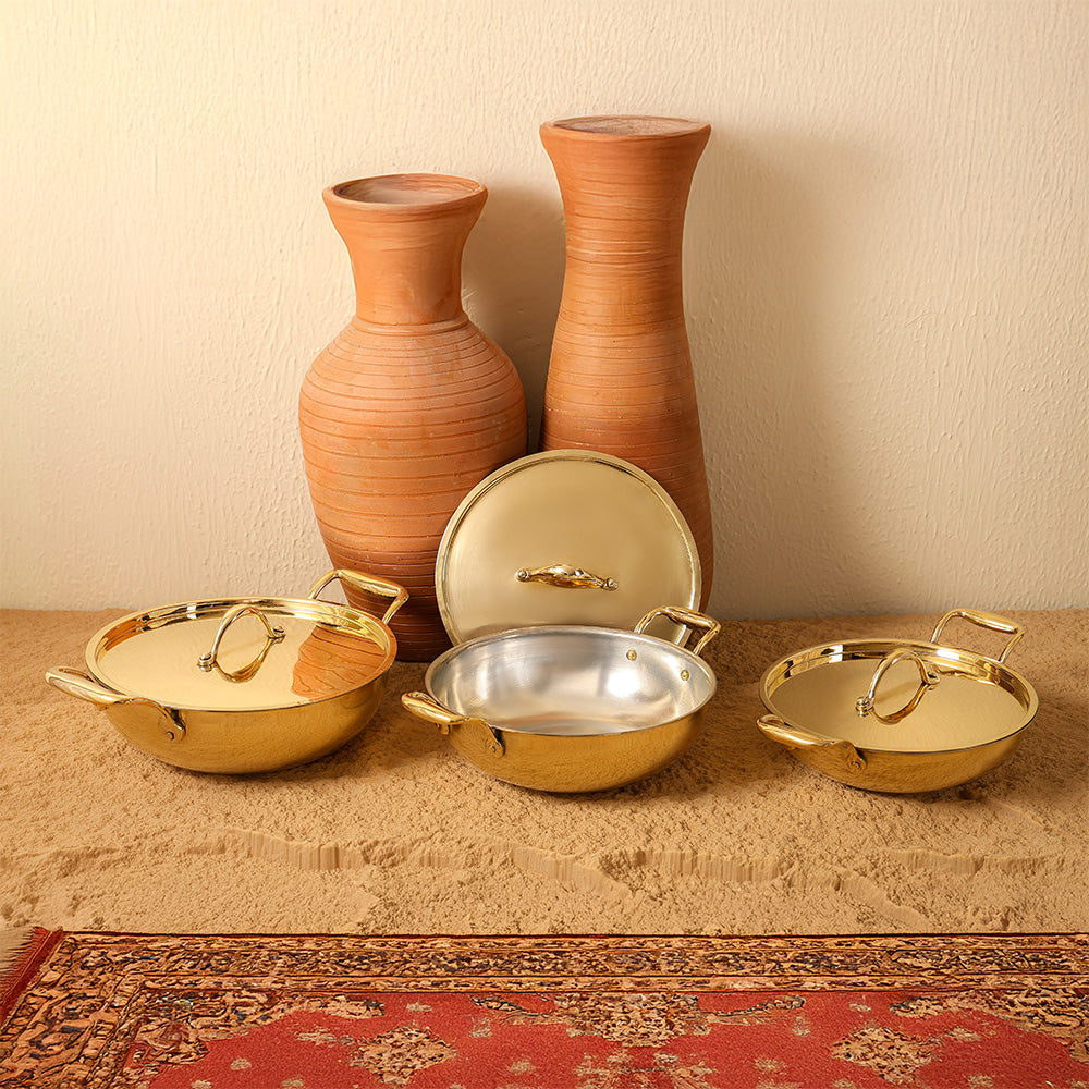 Flat Base Brass Kadhai with Brass Lid | Naturally non stick | Non Toxic | Plain