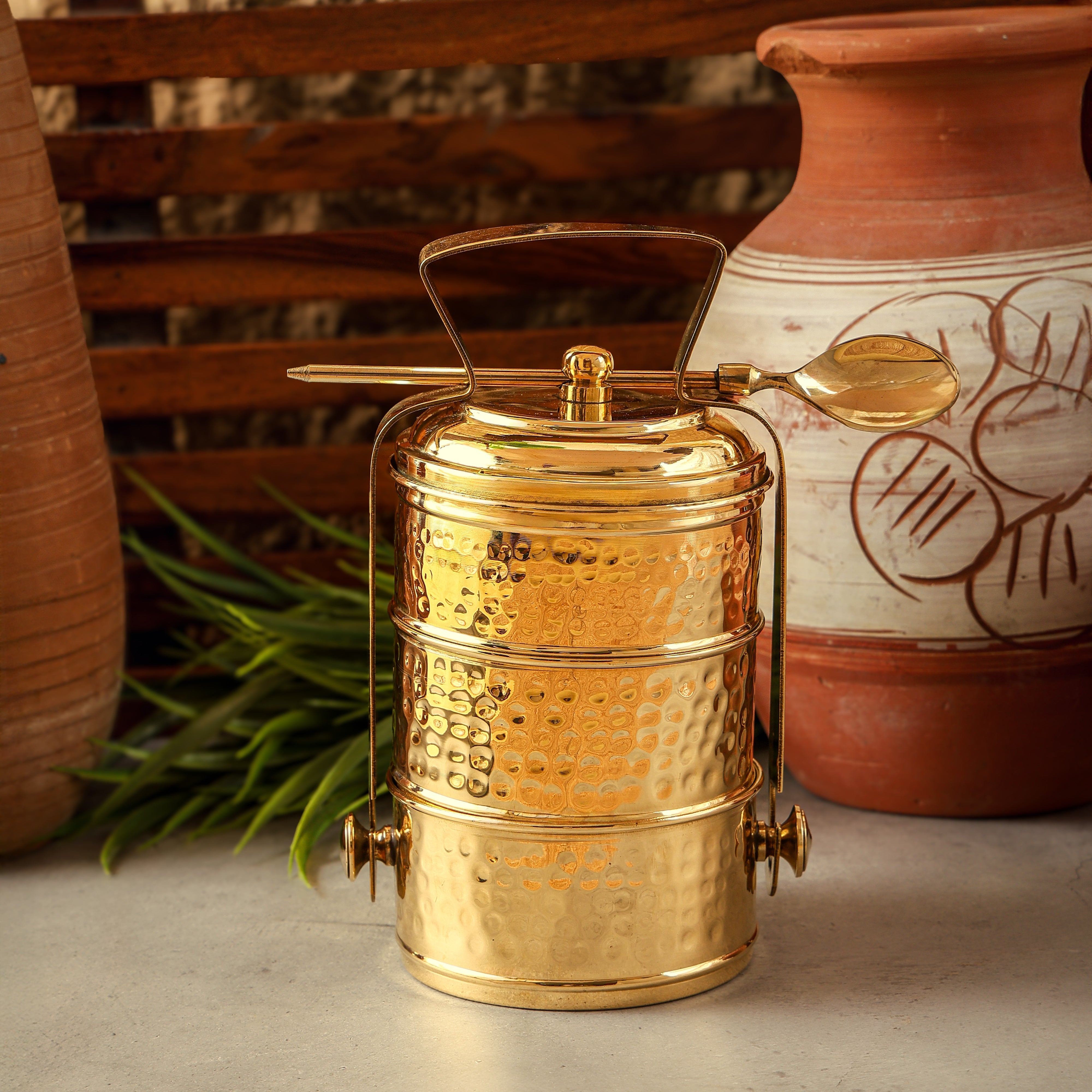 Brass Tiffin Box with 3 Compartments & Spoon | Toxin-Free | Sustainable & Handcrafted