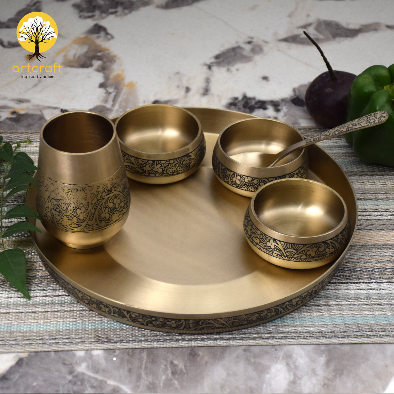 Elegant - Set of 6 Kansa Utensils Thali 11inches (28cms)