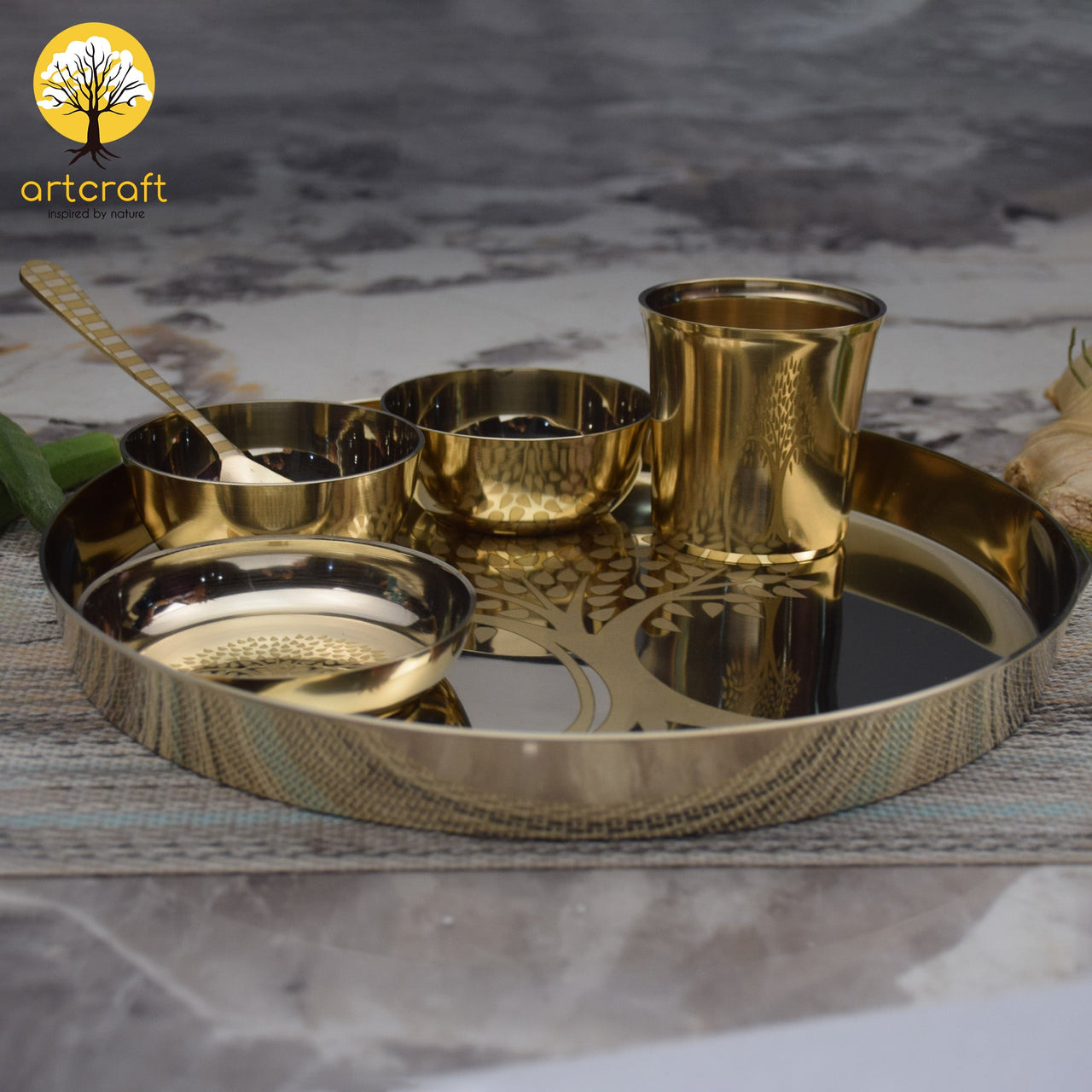 Kalpavriksham - Set of 6 Kansa Utensils Thali 11inches (28cms)